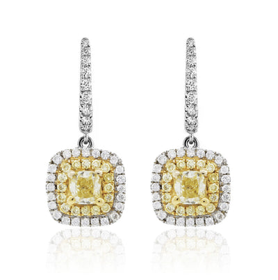 Double Halo Yellow Diamond Hook Earrings