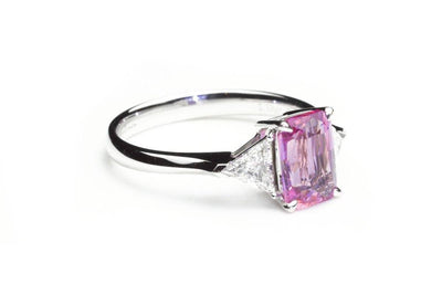 Emerald Cut Pink Sapphire 3 Stone Ring